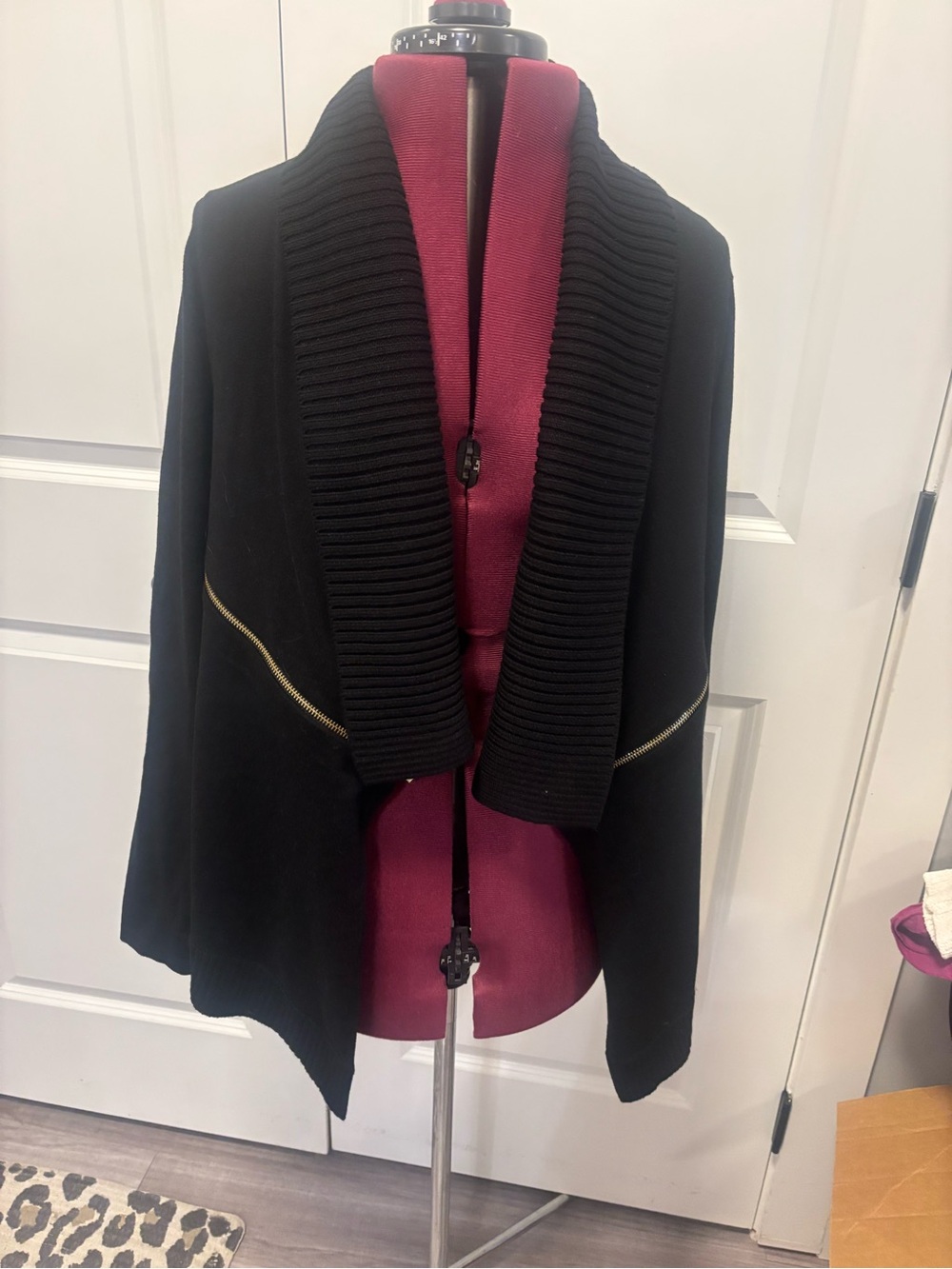 INC International Concepts Black Open-Front Cardigan with Gold Zipper Detail